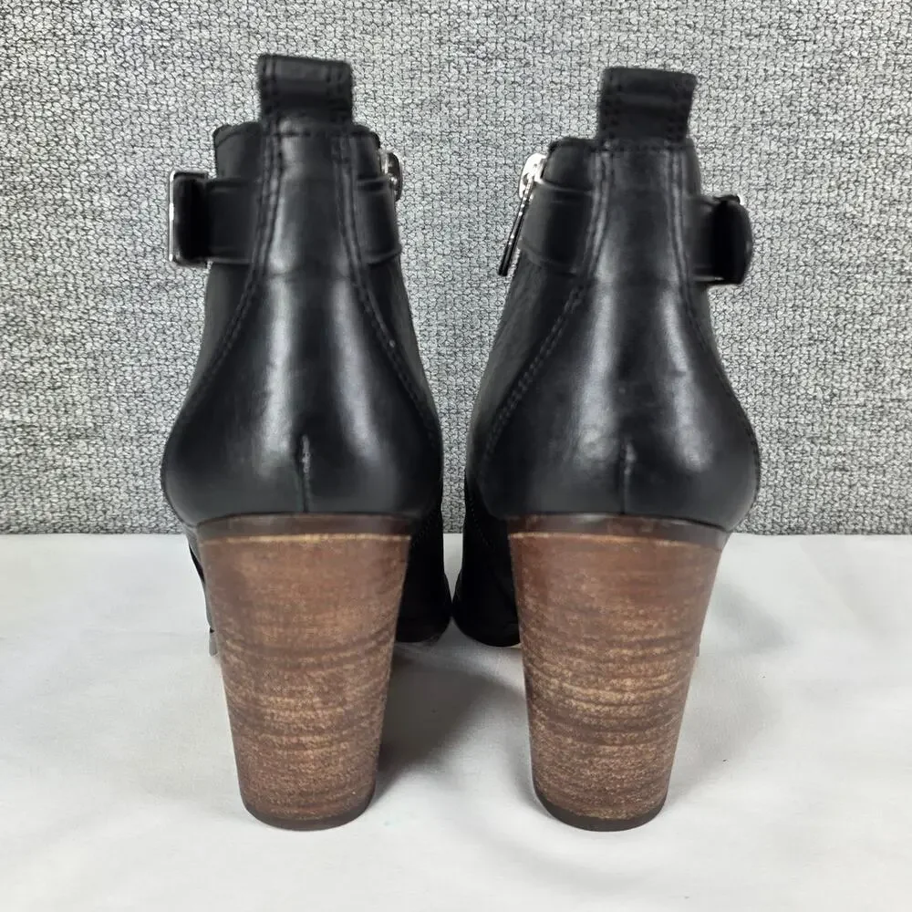 COACH HEWES BLACK LEATHER ANKLE BOOT SIDE ZIP WOOD HEEL WOMEN'S SIZE 5B A6841